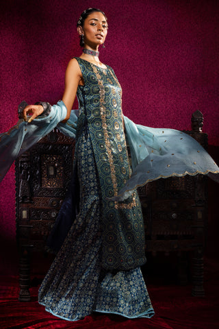 Teal Ajrakh Kurta Gharara Set
